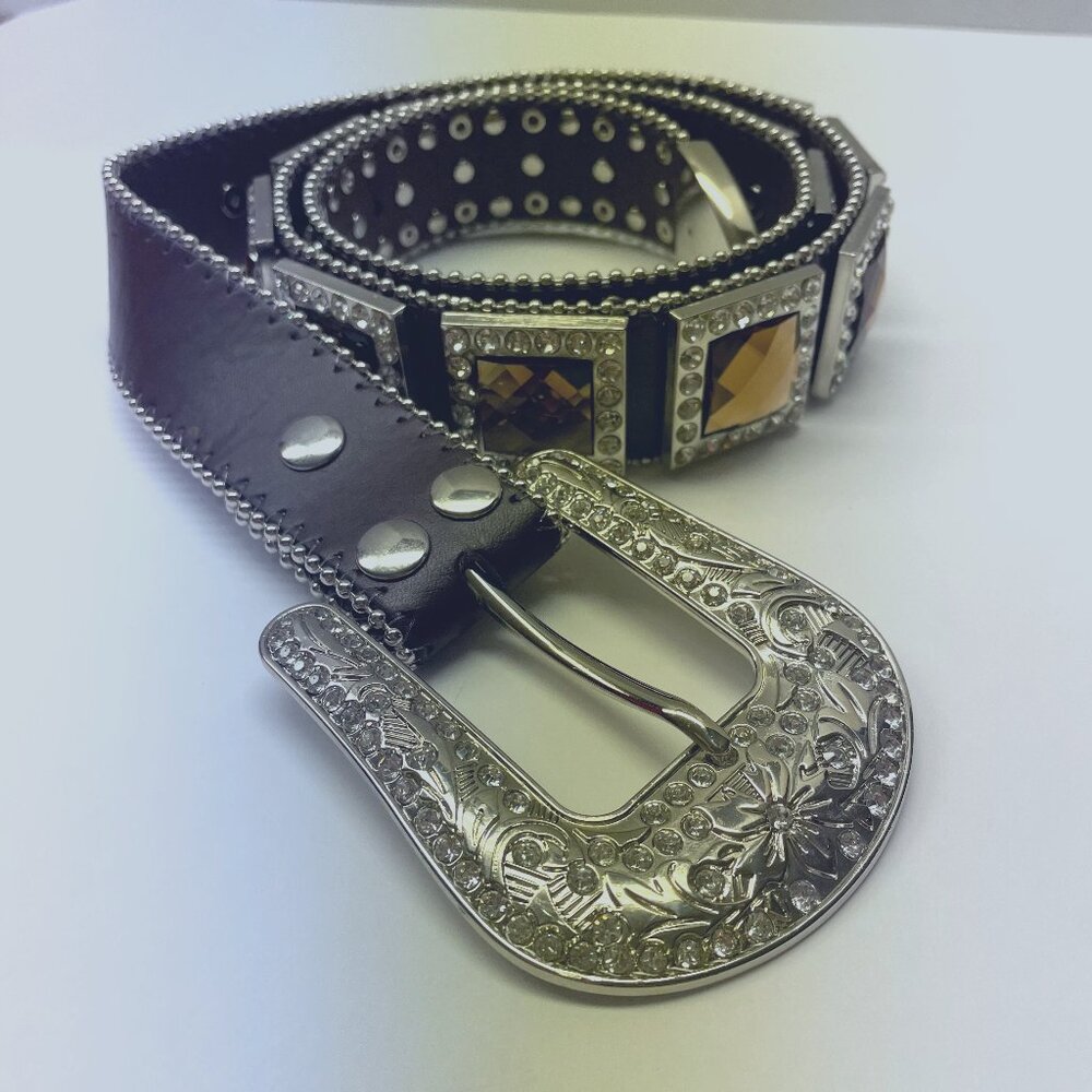 BHW Western Amber Bling Cowgirl Belt Gen Leather Sz L 36-38 Brown Silver Rodeo